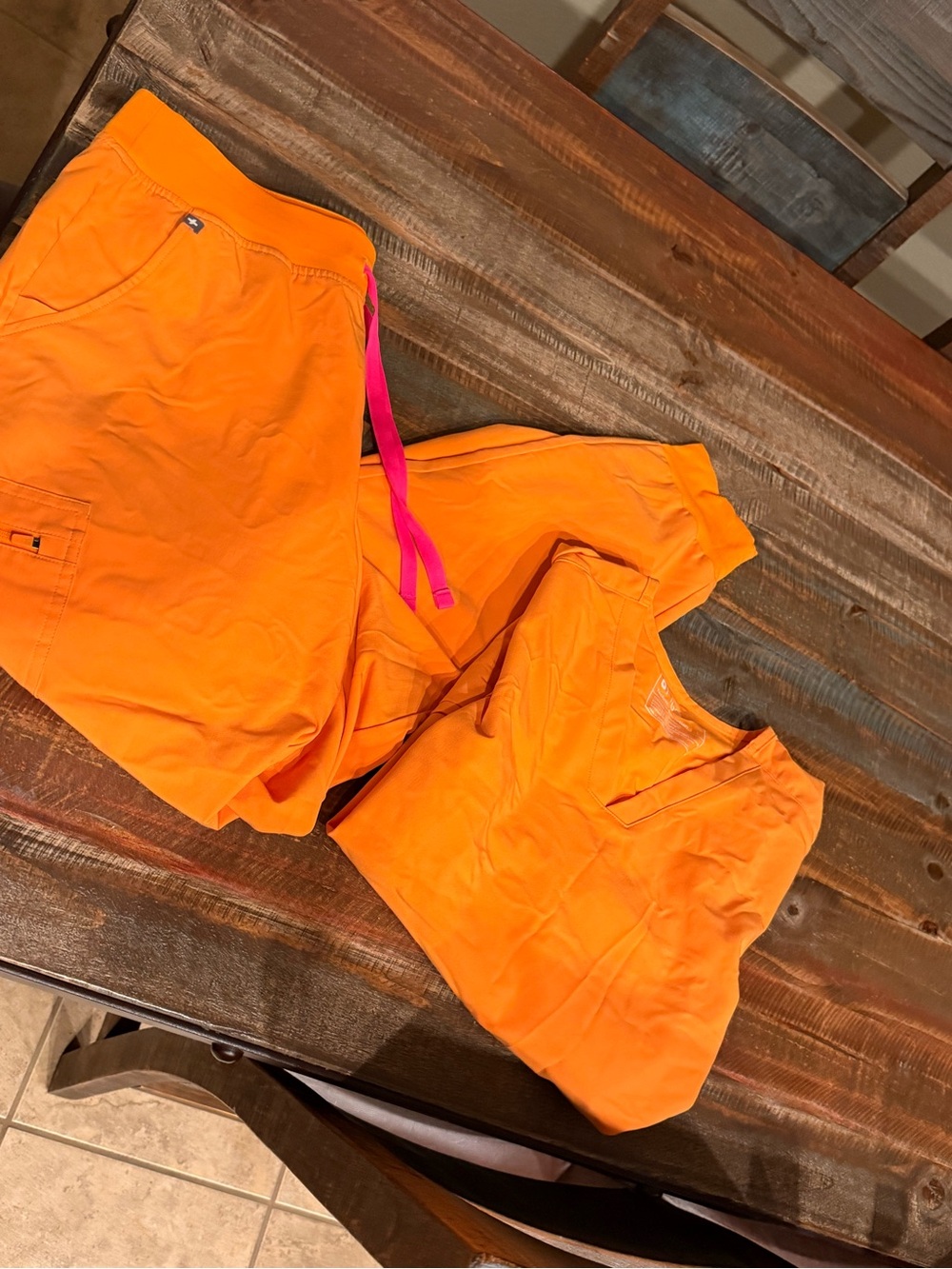 FIGS Orange Women's Cargo Scrub Set with Pink Drawstring Accent